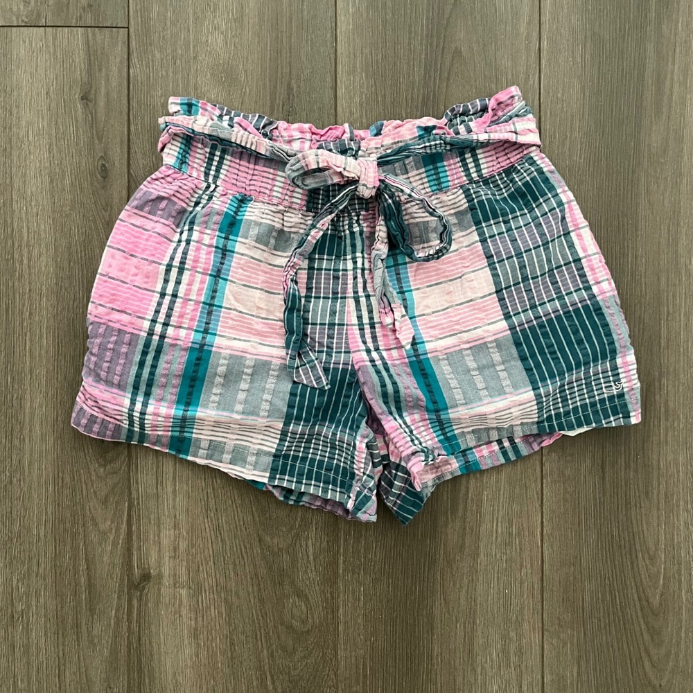 Vineyard Vines Women XS Pink Teal Plaid Seersucker Smocked Tie Waist Shorts